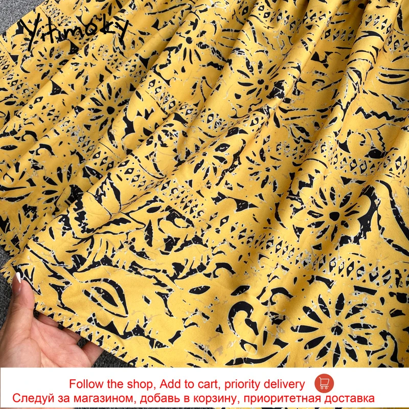 

Yitimoky Print High Waist Dresses Women Bow Lace Up Flare Sleeve Ruffles Spliced O-Neck Yellow Clothing A-Line 2021 Spring New