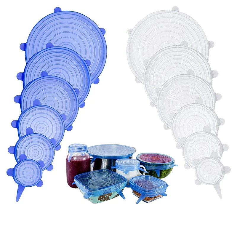 6pcs Reusable Silicone Food Cover Universal Stretchy Silicone Lids For Cookware Bowl Pot Tapas De Silicona Para Alimentos