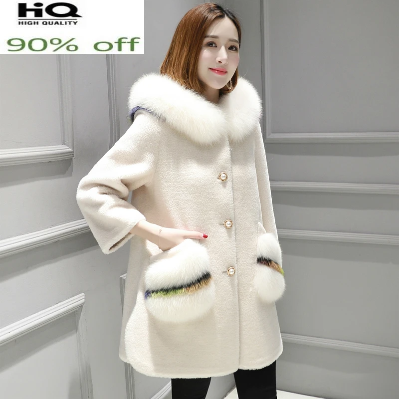 

Sheep Shearing Coats Autumn Winter 100% Wool Jacket Women Real Fox Fur Hooded Elegant Long Jackets Parka Spring LWL1268