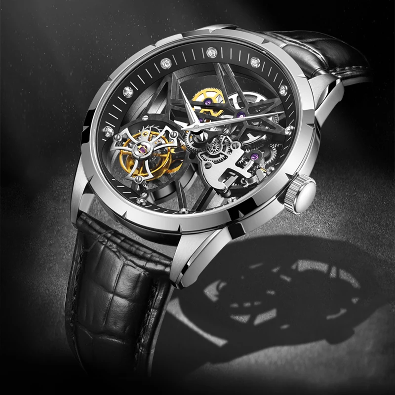 Эзоп спортивные реальные Tourbillon Для мужчин механические часы Мужские Скелетон