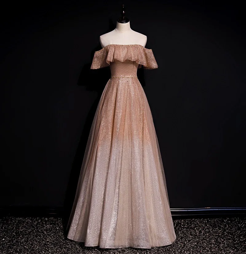 

Gradient Gold Pink Prom Dresses Off the Shoulder Shiny Sequins A-line Boat Neck Wedding Graduation Party Guest Evening Gown 2022