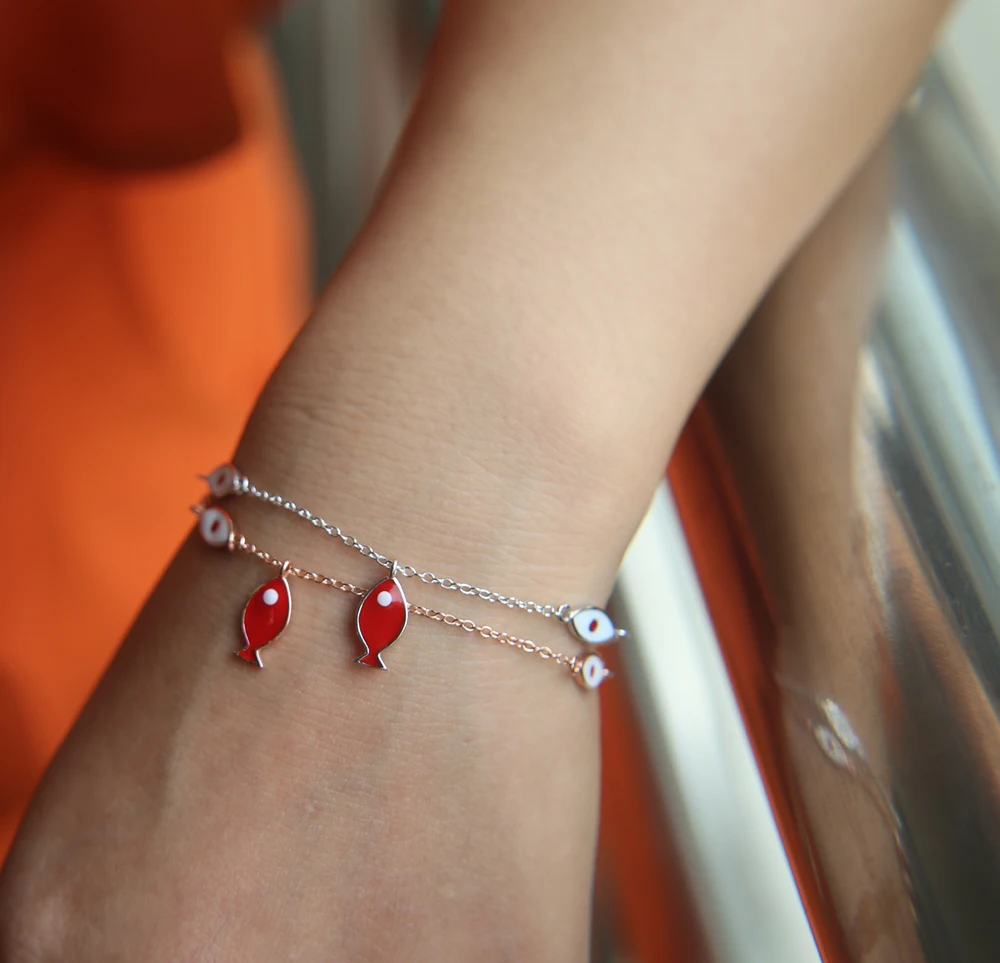 100% Стерлинговое Серебро 925 пробы тонкая эмаль рыба сглаза шарм серебро розовое