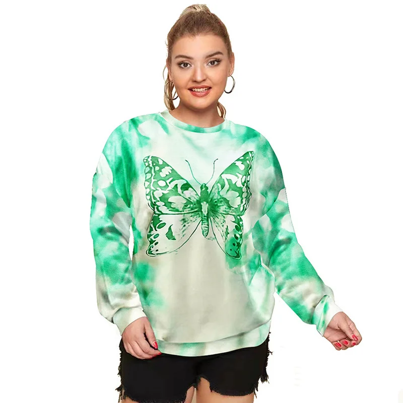 

Tie Dye Green Butterfly Print Oversiezed Crewneck Sweatshirt Women Long Sleeve Pullover Fashion Kawaii Clothes Autumn 2021 New