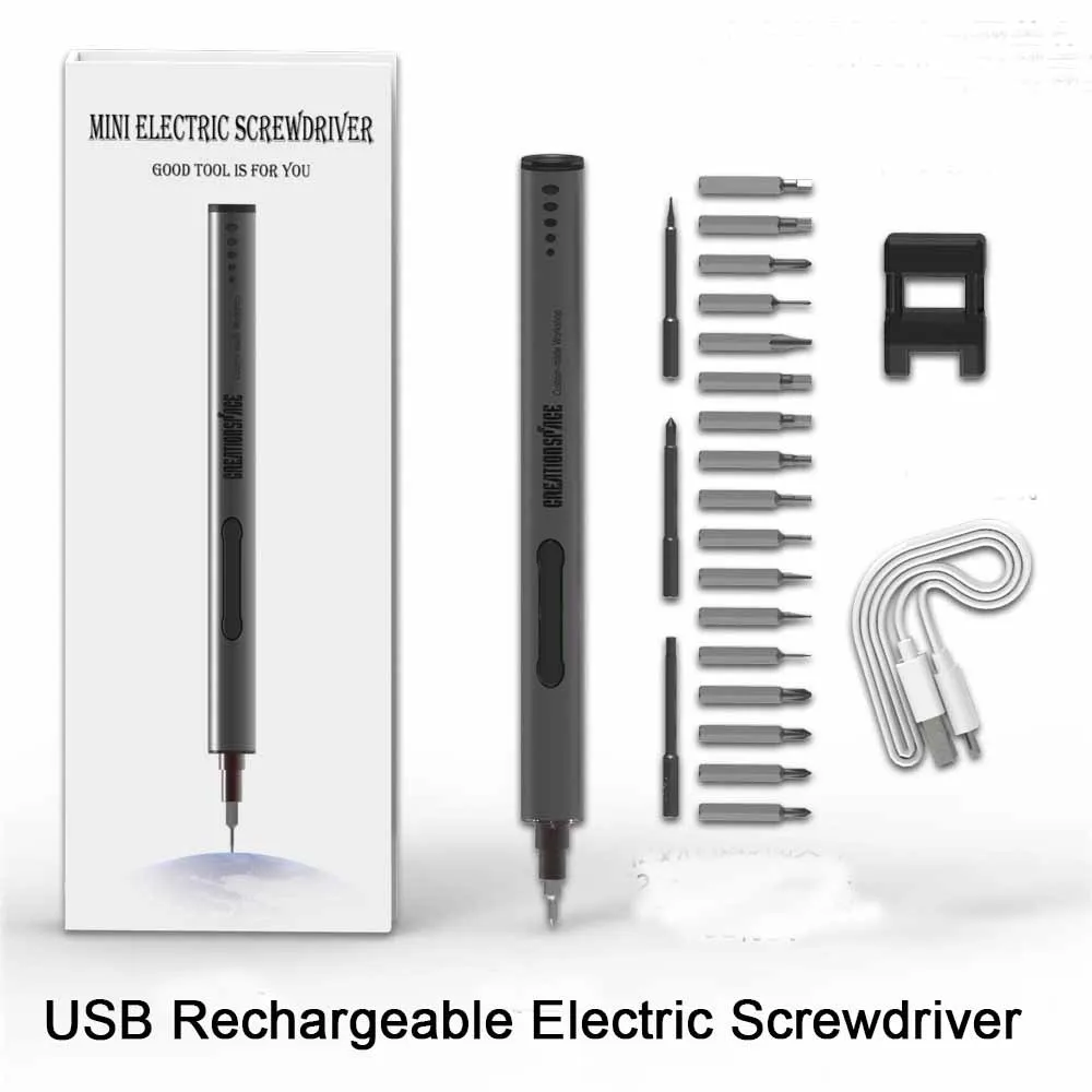 mini cordless precision electric screwdriver bit kit usb rechargeable power phone repair diy tools aluminium body with led light free global shipping