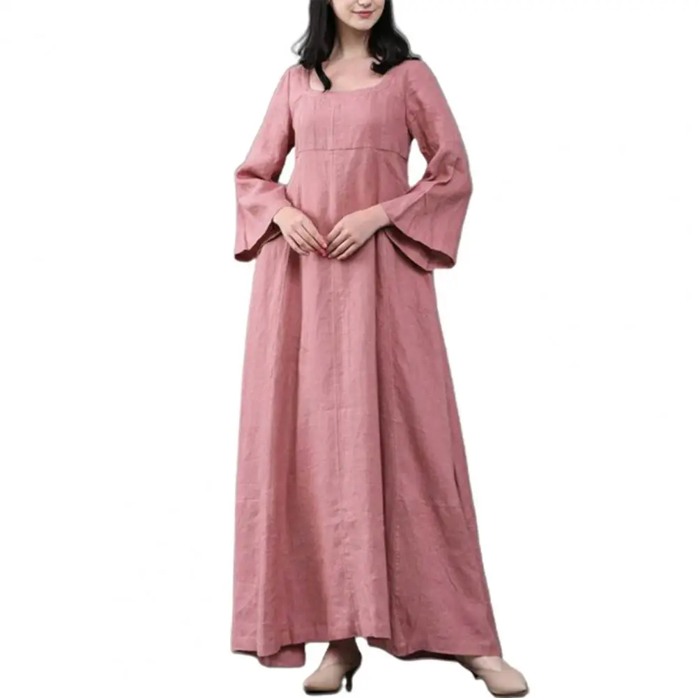 

Retro Women O Neck Long Sleeve Solid Color Large Hem Cotton Linen Maxi Dress