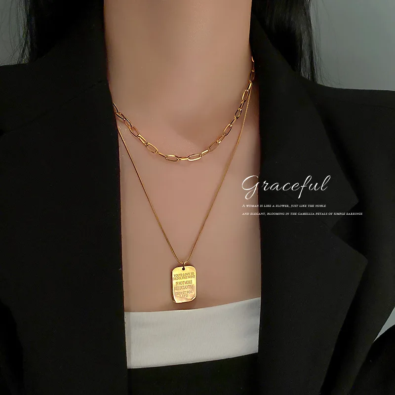 

Korean Simple Personality Net Red Temperament Design Sense Titanium Steel Letter Long Brand Double-layer Necklace