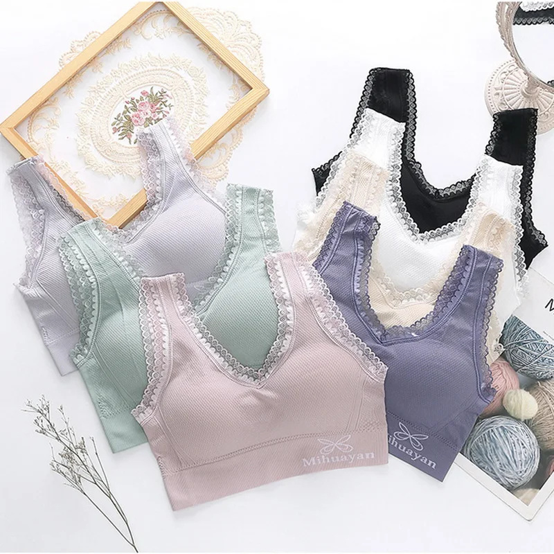 

HECTIC Seamless Anti-Glare No Steel Ring Wrapped Chest Beautiful Back Bra Wireless Lace Hem Sports Bra Sports Underwear Women