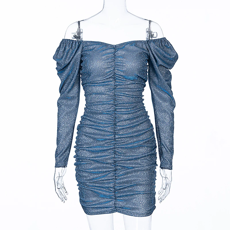 Мини платье с блестками для женщин 2020 облегающее длинными рукавами фонариками