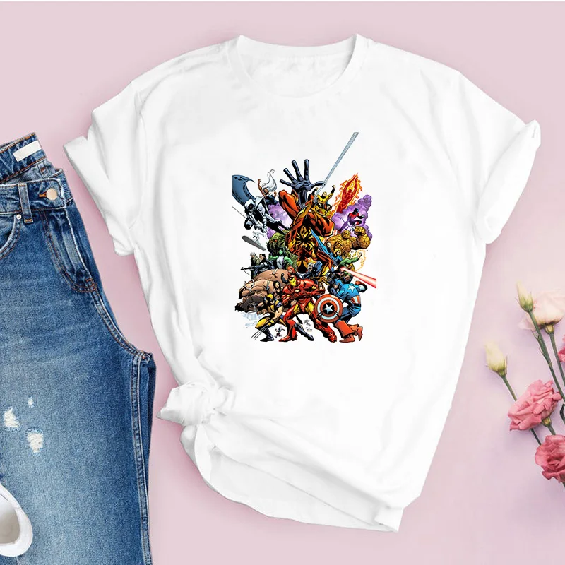 

New Summer Fashion Cartoon Marvel Comics Print Women T Shirt Female Clothes Short Sleeve T-Shirts Ladies Casual White Tops Tee