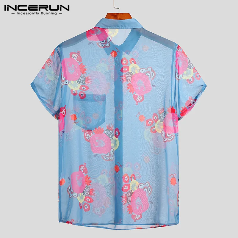 

Men Mesh Shirt Printed 2021 See Through Short Sleeve Lapel Beach Hawaiian Shirts Party Blouse Streetwear Camisas INCERUN S-5XL