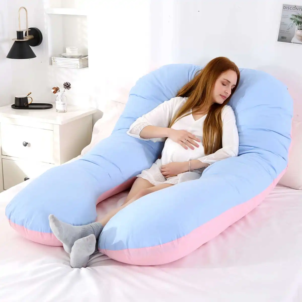 Almohada de apoyo para dormir para mujeres embarazadas, coj&iacute;n de algod&oacute;n puro de maternidad en forma de U para el cuerpo, ropa de cama para dormir de lado durante el embarazo-4