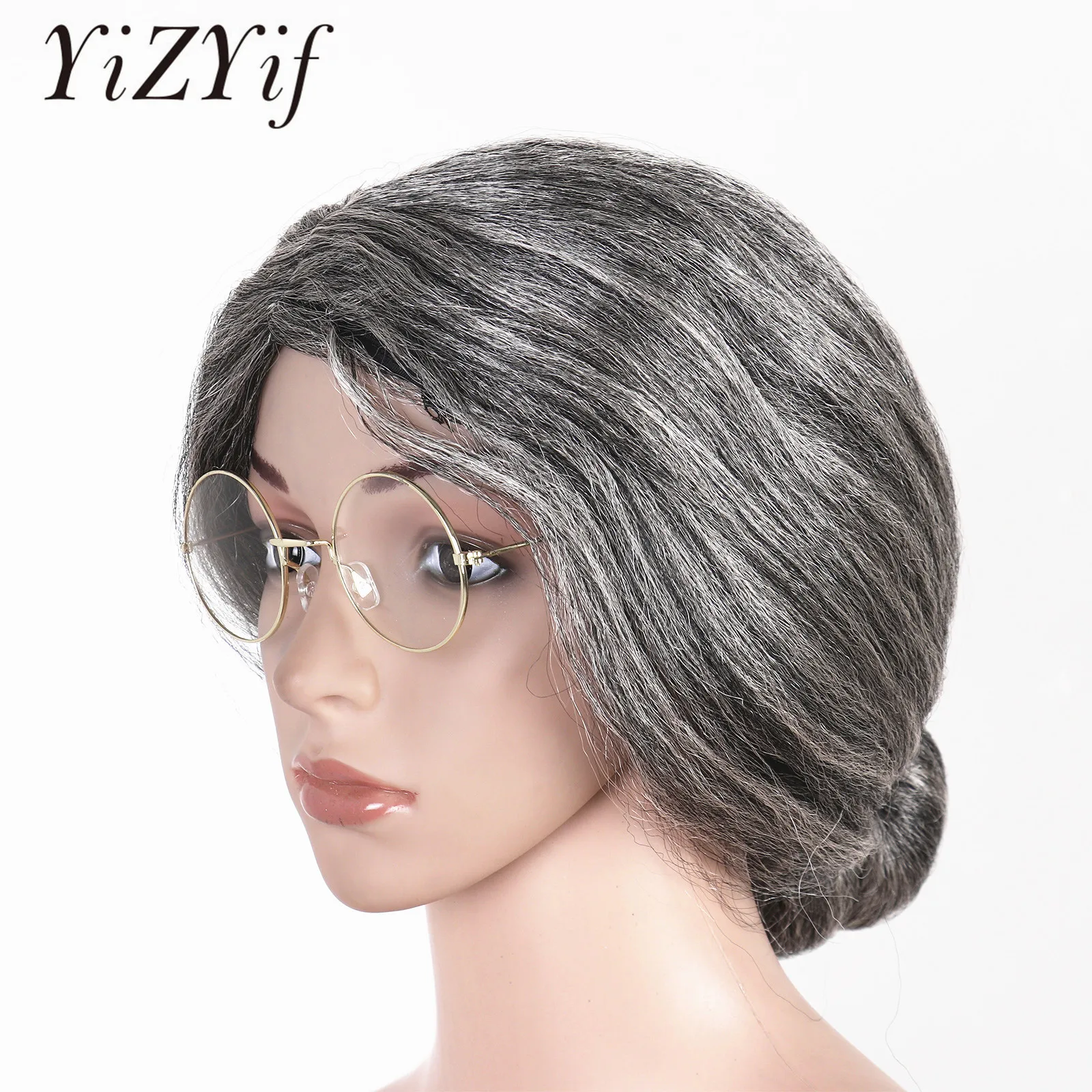 Old Woman Silver Hair Christmas Headwear Dress Up Show Wig, Madea Granny Glasses Cosplay Great Santa Claus Grandmother Hairpiece