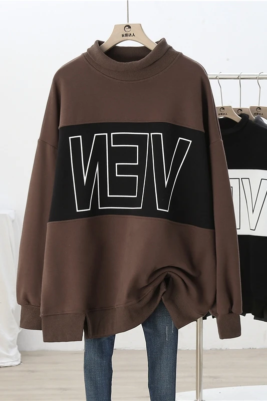 

Plush Thick High Collar Women Sweatshirts 2021 New Autumn Winter Patchwork Letter Printing Loose Pullovers Tops Oversized