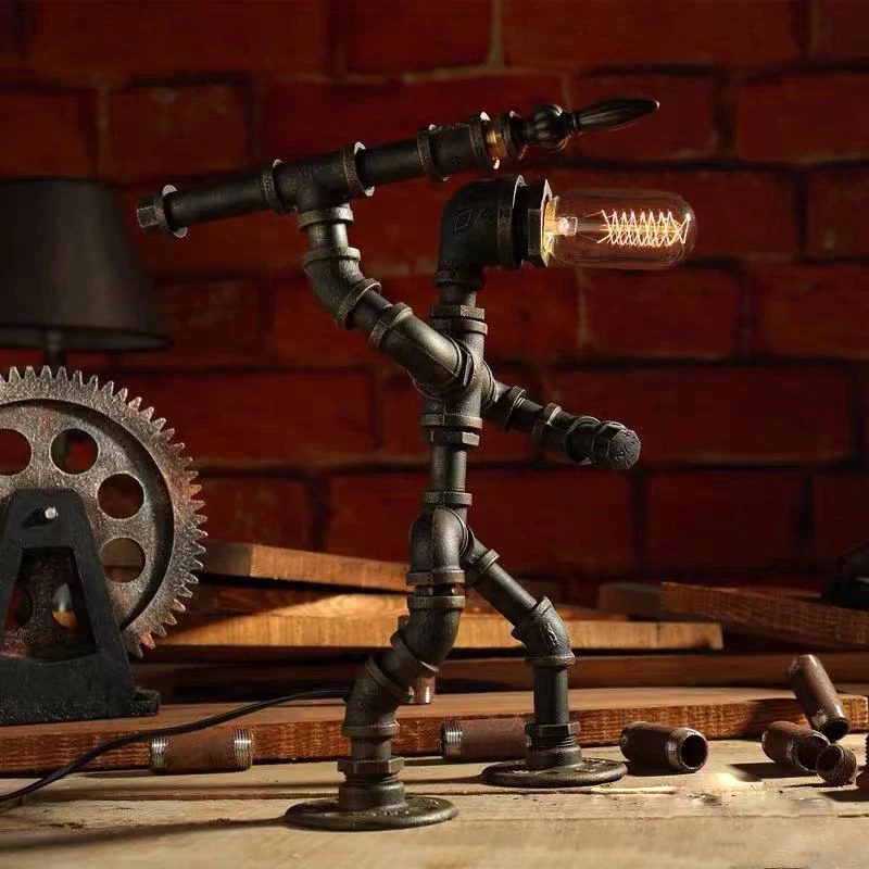 

Creative Iron Tube Loft Edison LED Eye Protection Industrial Retro Gift Cafe Bar Water Pipe Robot Table Lamp