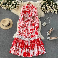 autumn hollow out red floral print dress women shirt collar long sleeve single breasted ruffles lace up long maxi dress m53123