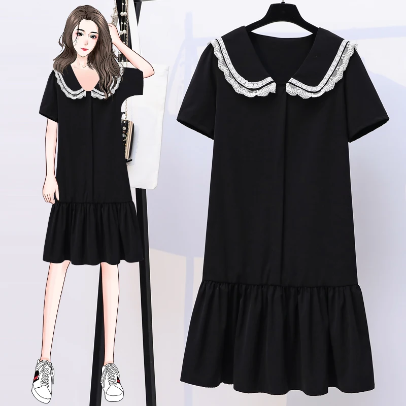

5XL Plus Size Women Black Cute Ruffle Dresses Summer 2021 Lace Patchwork Navy Collar Short Sleeve Loose Ladies Casual Dress