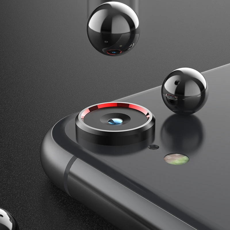 6D Camera Lens Tempered Glass for iPhone XR Metal Protection Ring Case + Front HD Clear Glass Screen Protector Film Black Red