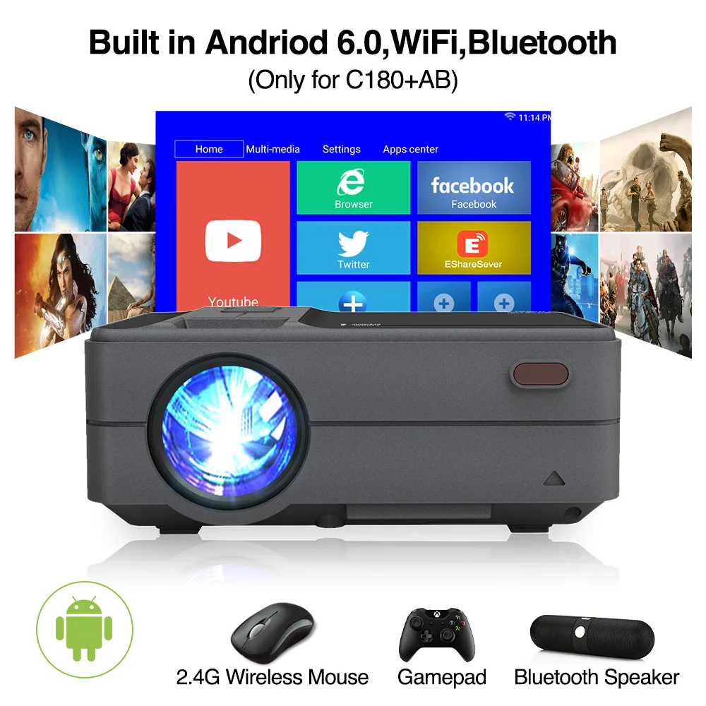 C180AB Портативный мини беспроводной WiFi LED умный проектор на Android 720p встроенный