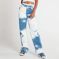 tie dye pants high waist women jeans straight blue white denim pants fashion streetwear loose baggy ladies full length trousers