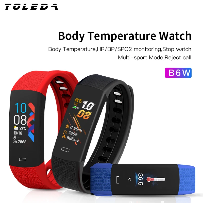 

Toleda B6W Smart Watch Body Temperature Wristband Heart Rate Blood Pressure Monitor Activity Trackers Android IOS Fitness Watch