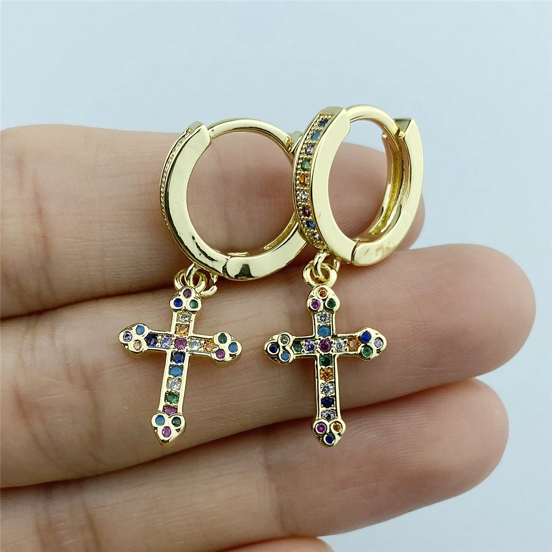 

Rainbow AAA Cubic Zirconia Cross Drop/Dangle Earrings Gold Colour Fashion Jewelry for Women Wholesale Punk Style