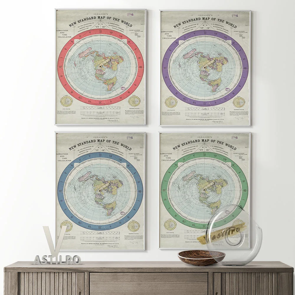 

Flat Earth Map Gleason's New Standard Map Of The World Vintage Art Prints Poster Museum Library Retro Canvas Painting Home Decor