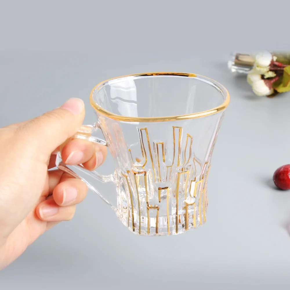

Light Luxury Painted Gold Glass Creative with Handle Transparent Coffee Mug Home Small Tea Cup Can Be Equipped with Saucer