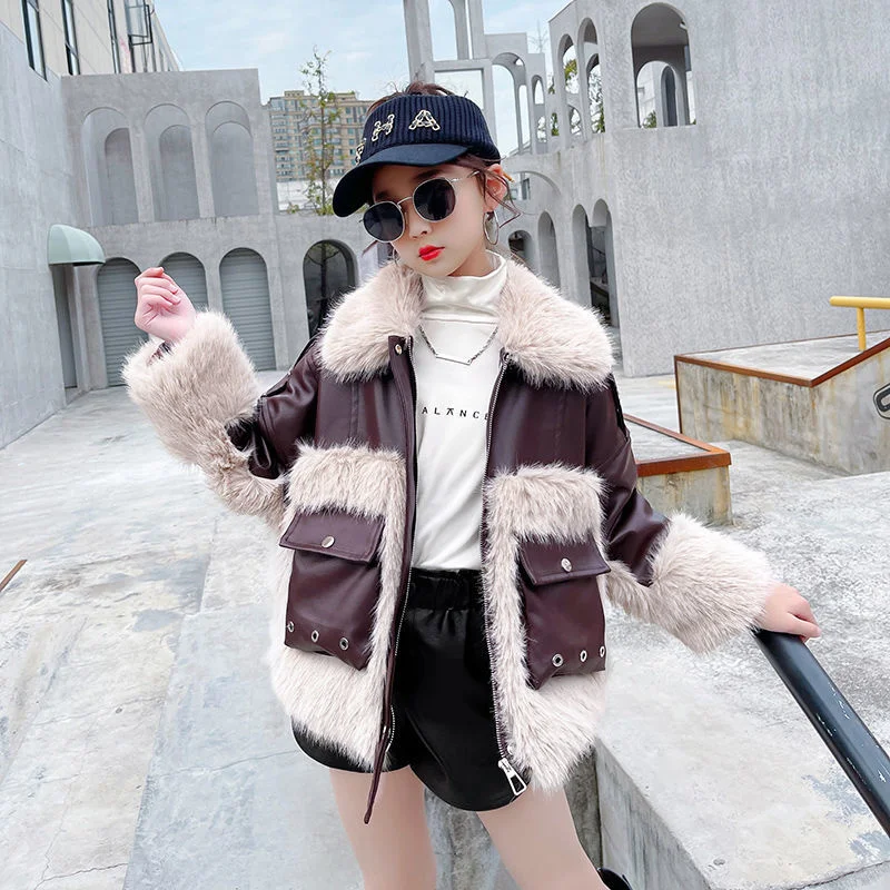 

2022 New Girls Parka Coats Thicker Cotton Fur Jacket For Autumn Winter Big Kids Comfortable Fur Collar Leather Jackets TZ98