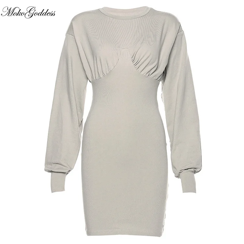 

MokoGoddess 2020 autumn women's new long sleeve round collar hip slim dress short skirt