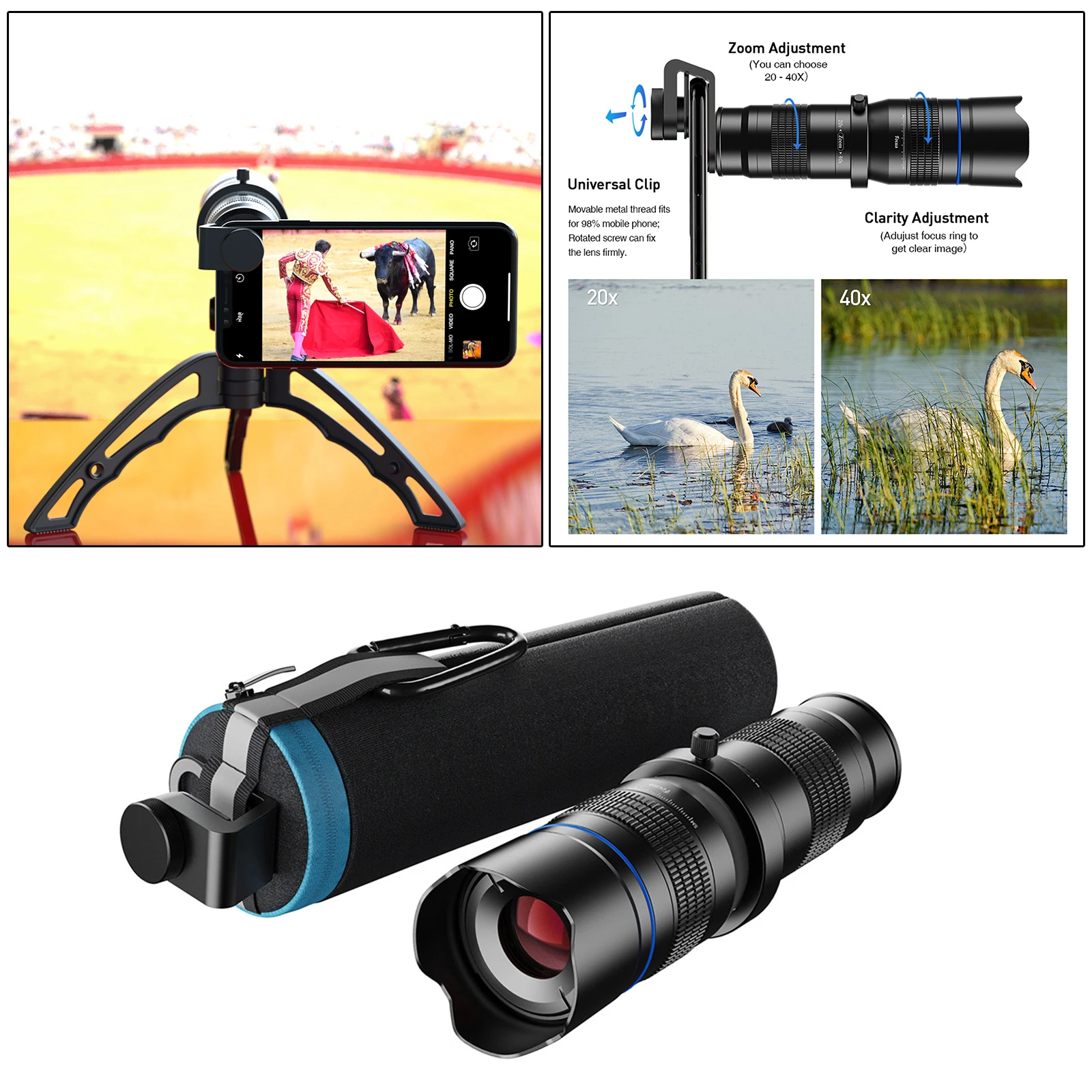 

20-40x HD Telephoto Phone Lens with Tripod Telescope Lens, Coated Glass Optics