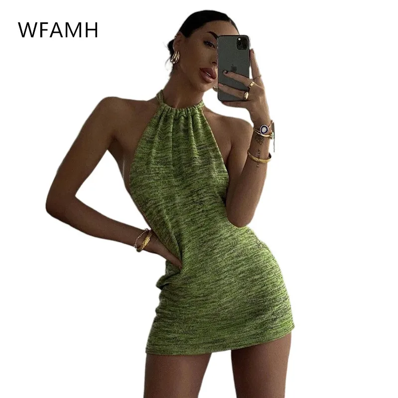 

2023Summer New Women's Fashion Knitted Pattern Hanging Neck High Waist Sexy Backless Slim Temperament Dress Cotton Polyester