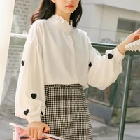 qweek kawaii shirt women heart shape print button up blouse korean style lantern long sleeve shirt women bf cute tops ulzzang