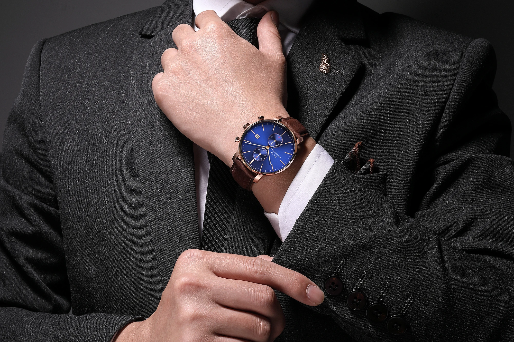 New design Dark Blue Dial  high quality Stainless Steel Case Dress Men‘s Fashion Leather Watches ساعات رجالية