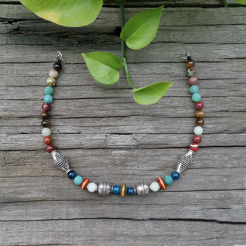 Этническое ожерелье каменные бусы тигровый глаз зеленый оникс кулон дракона