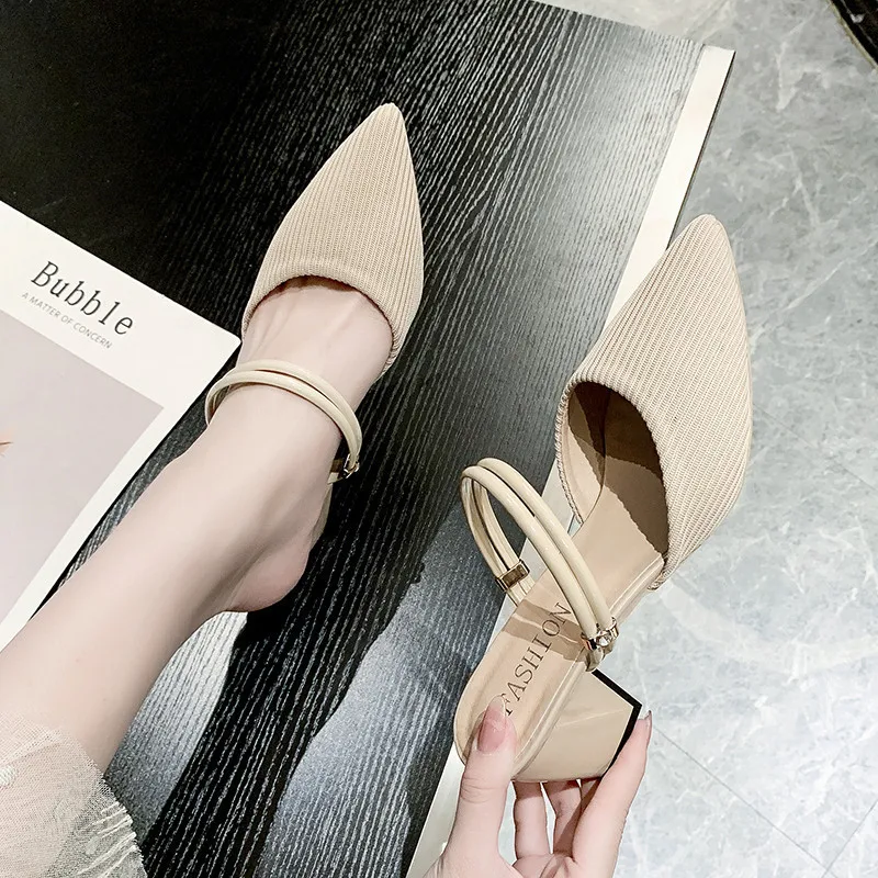 

Cover Toe Shoes Woman's Slippers Med Square heel Slides 2021 Pointed Block Scandals Rome Hoof Heels PU Stretch Fabric Basic