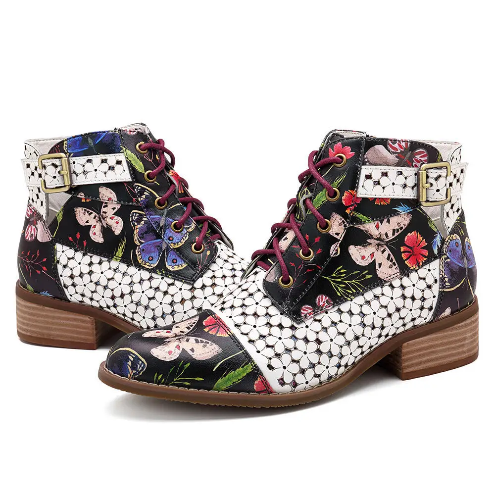 

Large flower boots women's new short tube color matching printing boots front lace side zipper
