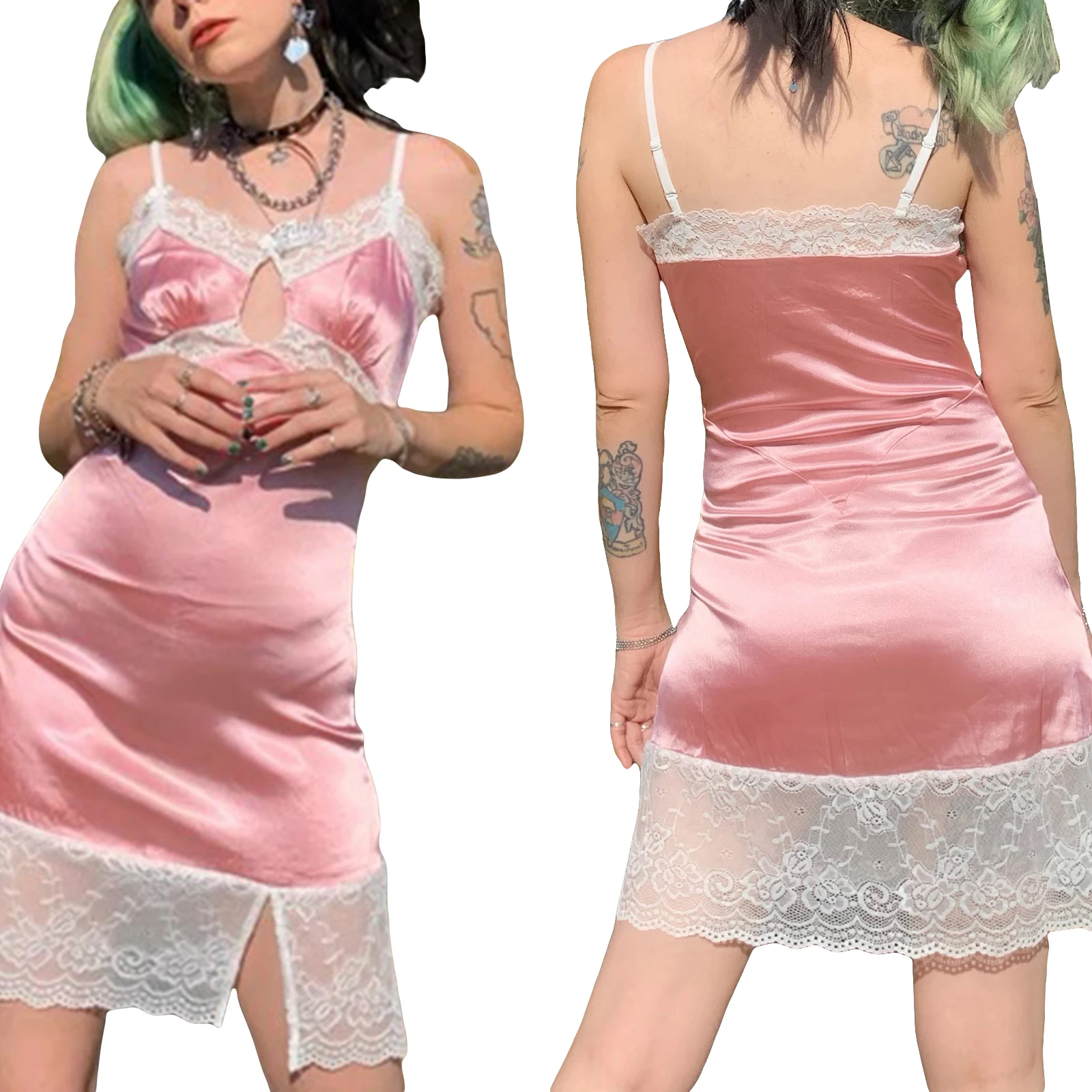 

2021 Women's Sexy Bodycon Mini Dress Sweet Spaghetti Strap Sleeveless Lace Patchwork Keyhole Cami Dress