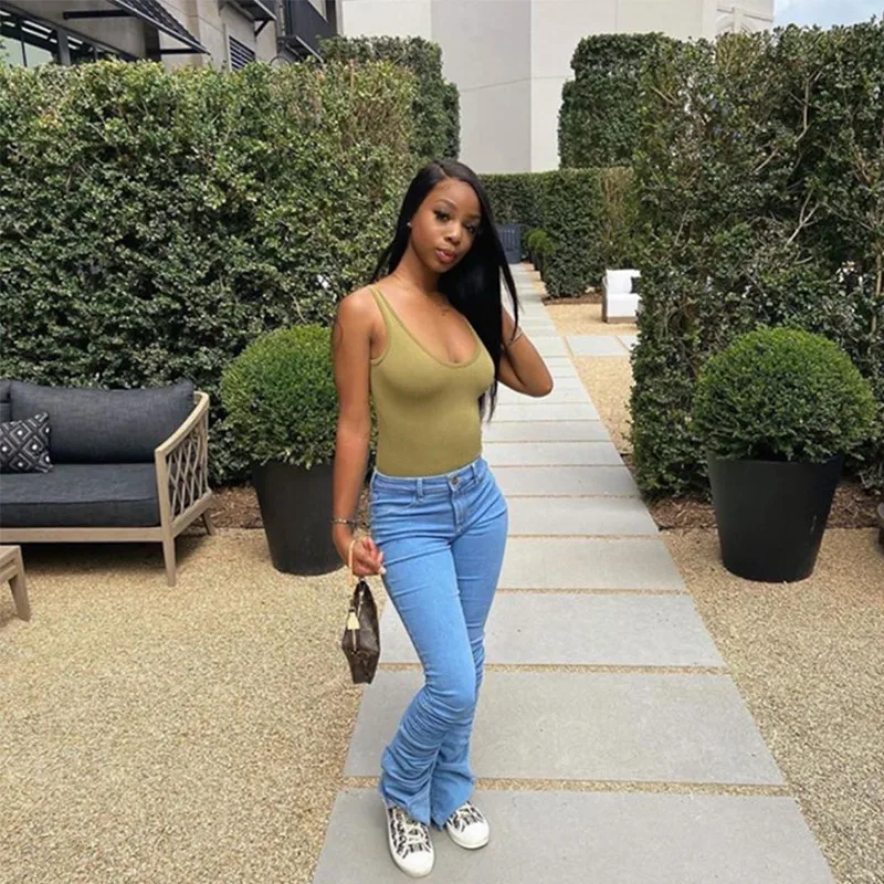 

ThornTreeRuched Denim Blue High Waist Stacked Pants Autumn 2021 Women Streetwear Jeans Fashion Skinny Pockets Trousers Jeans