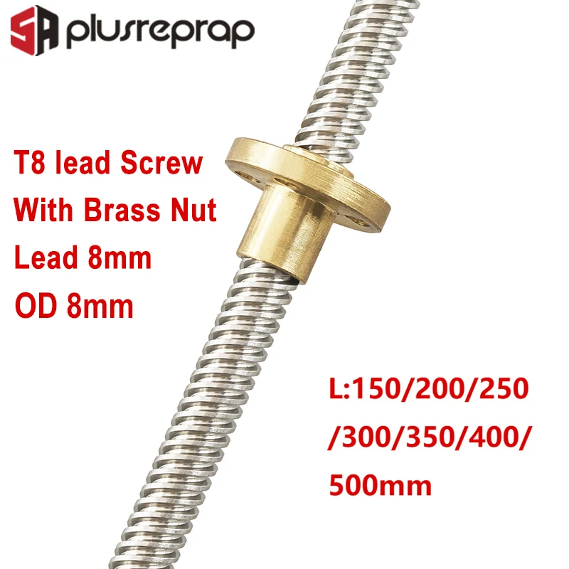 

T8 Lead Screw OD 8mm Pitch 2mm Lead 8mm 150mm 200mm 250mm 300mm 350mm 400mm 500mm with Brass Nut for Reprap 3D Printer Z Axis