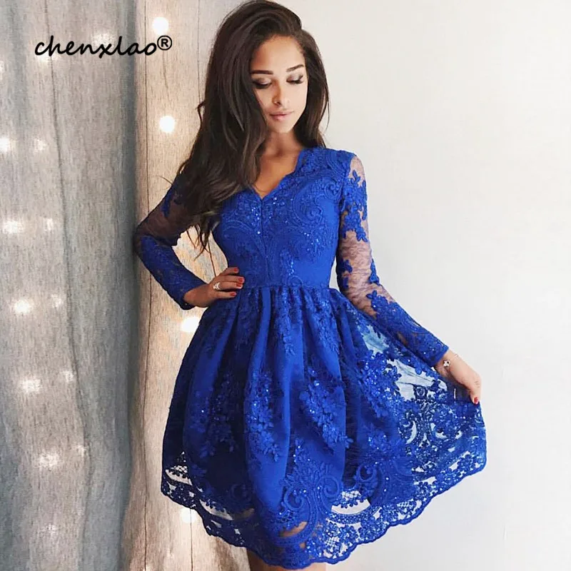 

New Listing Royal Blue Homecoming Dress Short Lace A-Line V-Neck Full Sleeves Above Knee Party Dresses Graduation Gowns Vestidos