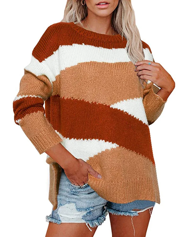 

Fall/Winter Women's 2021 European and American Loose Knit Sweater Irregular Stripes Color Block Sweater Women Pullover