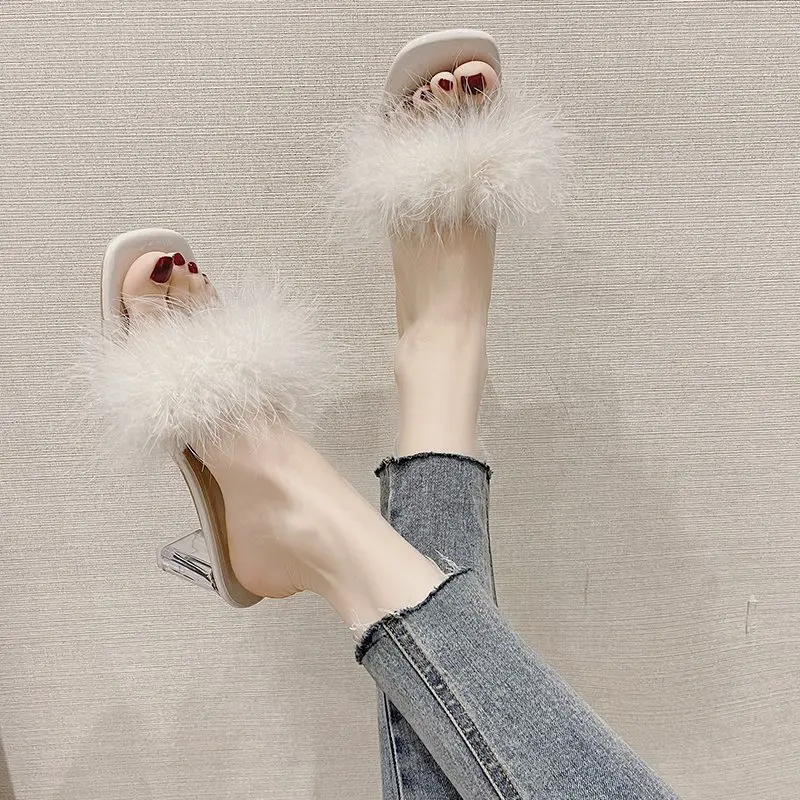 

Square heel Shoes Med Slippers Women Summer Fur Flip Flops Pantofle Luxury Slides Transparent Heel Block Plush 2021 Designer Rom
