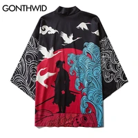 gonthwid japanese samurai flying cranes printed kimono cardigan shirts jackets streetwear hip hop casual open front coat tops