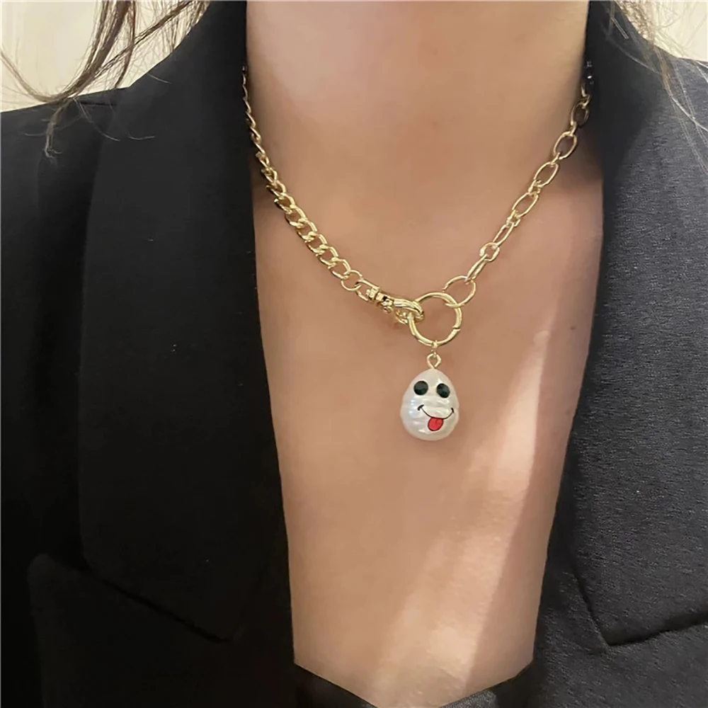 

Ghidbk New Cute Smile Imitation Pearls Charm Necklaces For Women Girls Face Pendant Happy Minimalist Chain Necklace Jewelry Gift
