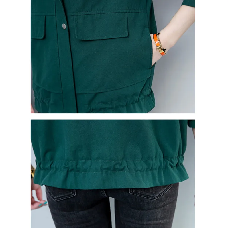 

2021 Spring Autumn Female Windbreaker Hooded Short Long Sleeve Jacket Loose Plus Size Outerwear Middle-Aged Women Clothes H1207