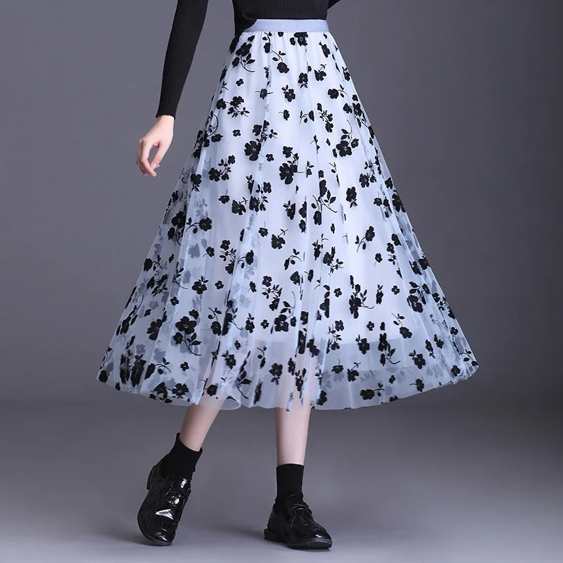 

Women Dress Print Floral Mesh Skirts Spring Summer Mid-Length Flocking Skirt High Waist Elastic Waist Tulle Skirt Jupe Longue