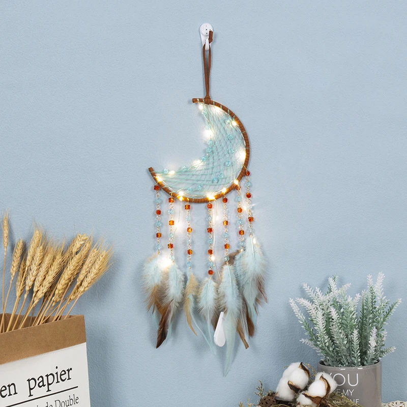 

Moon Dream Catcher with Crystal Wall Hanging Decor for Home Iuminous Lamp with Feathers Ornaments Baby Girl Bedroom Decoration