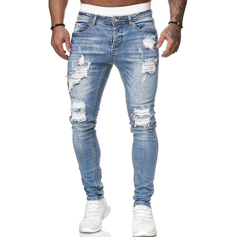 

Jeans Men Ripped Skinny Jeans Blue Pencil Pants Motorcycle Party Casual Trousers Street Clothing Denim Man Clothing
