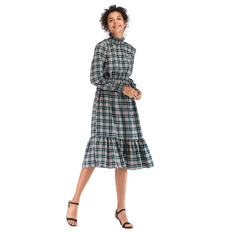 

JIAK Spring&Autmn Dresses For Woman Long Sleeve Plaid Ruffles Women Dress Female Dresses 2021 Elegant Vintage Lady Vestidos