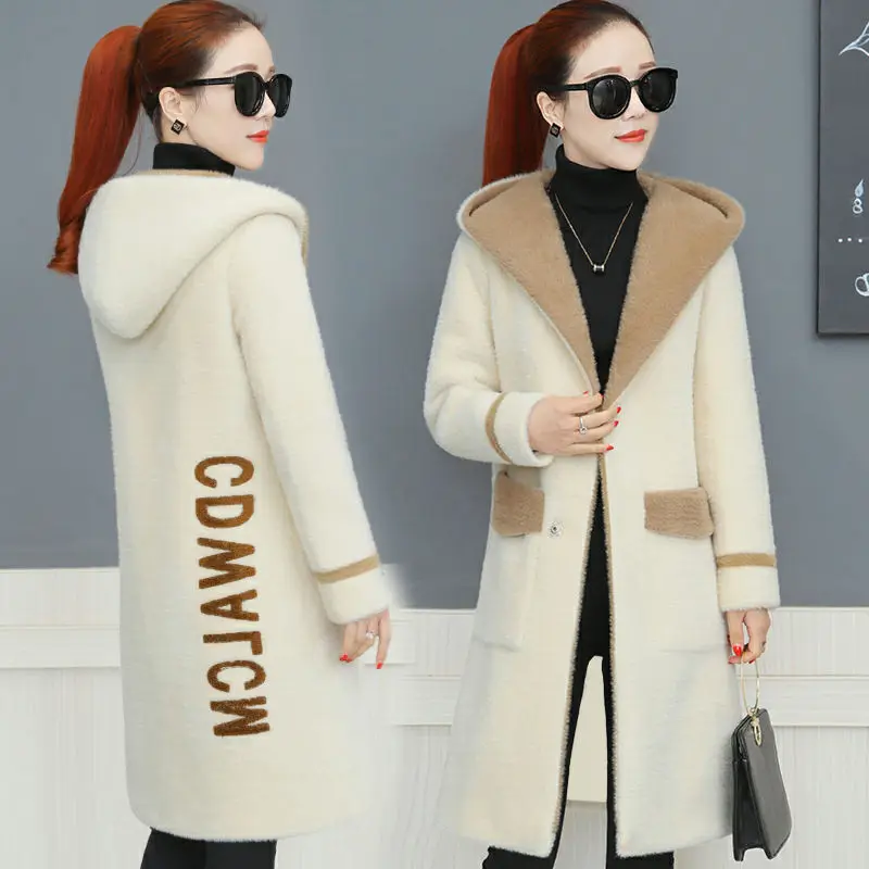 gold velvet autumn and winter new mink fur coat female version of the thick warm hooded long